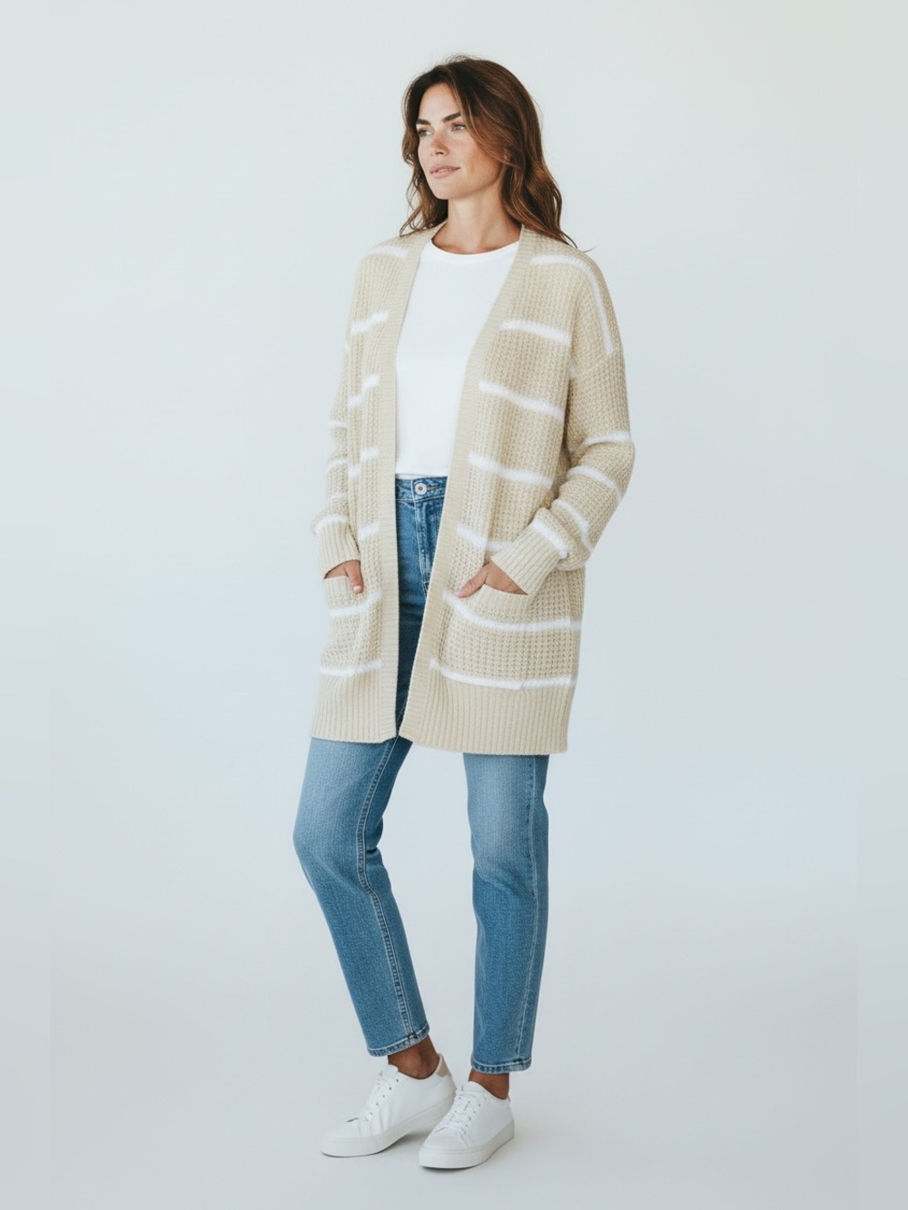 Calvin Klein Knit Open Women’s Striped Tan White Cardigan Size Medium NWT